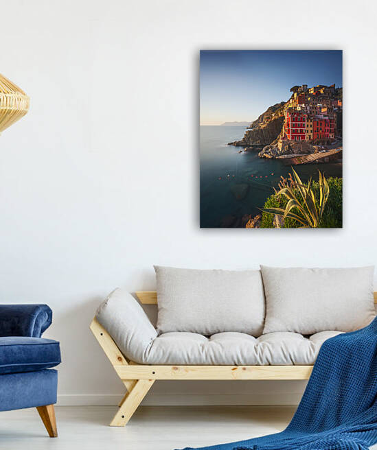 Riomaggiore town cape and sea at sunset. Cinque Terre Liguria by Stefano Orazzini