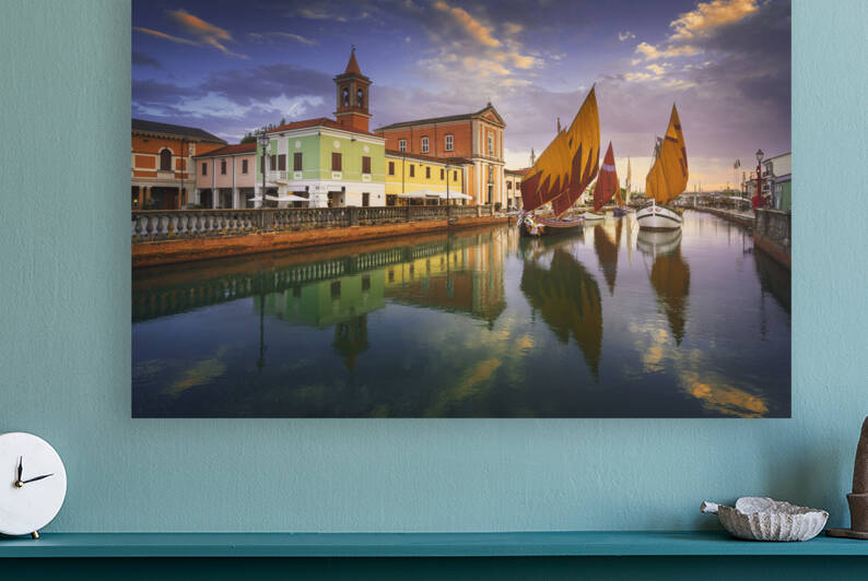 Cesenatico canal historic sailboats and church. Romagna Italy by Stefano Orazzini