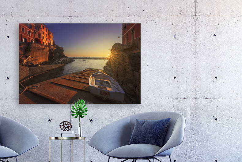 Riomaggiore village a boat in front of the sea. Cinque Terre by Stefano Orazzini