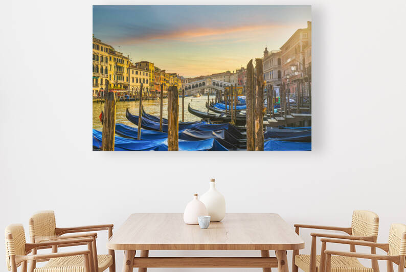 Gondolas in Grand Canal and Rialto bridge at sunrise. Venice by Stefano Orazzini