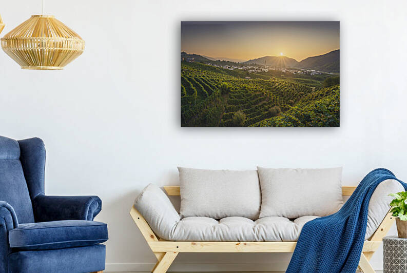 Prosecco Hills vineyards and Guia village at dawn. by Stefano Orazzini