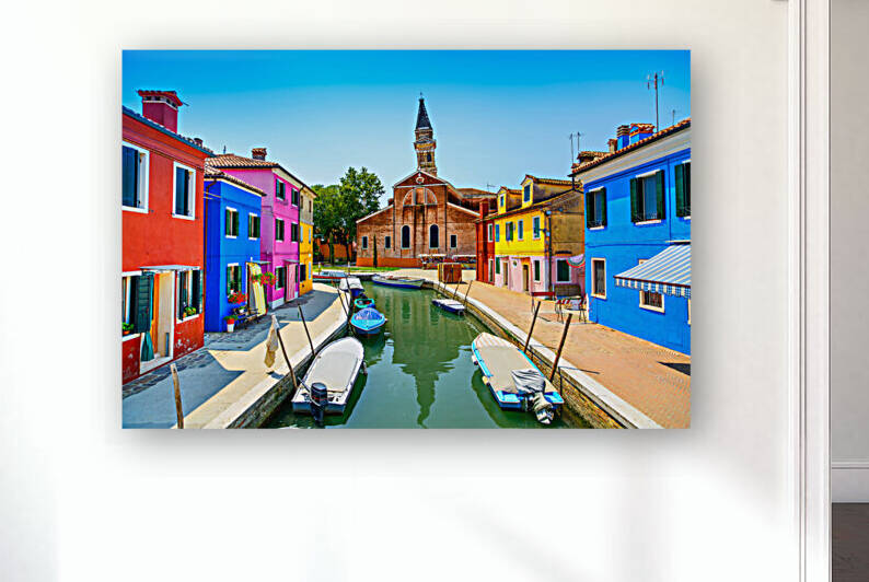 Burano island canal. Colorful houses and the church. Italy by Stefano Orazzini