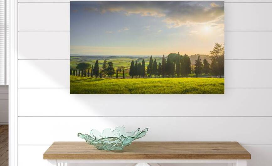 Sunset landscape in Maremma. Rolling hills and cypress trees. by Stefano Orazzini