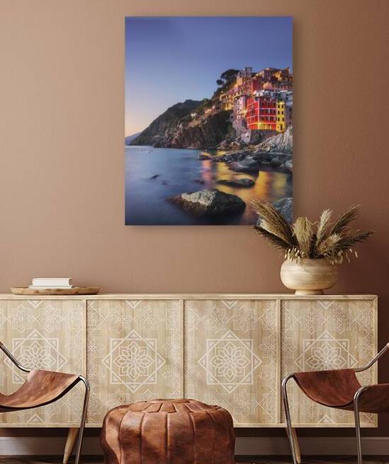 Riomaggiore town and sea at sunset. Cinque Terre Liguria by Stefano Orazzini