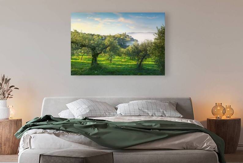 Trevi picturesque village and olive trees in a foggy morning. by Stefano Orazzini