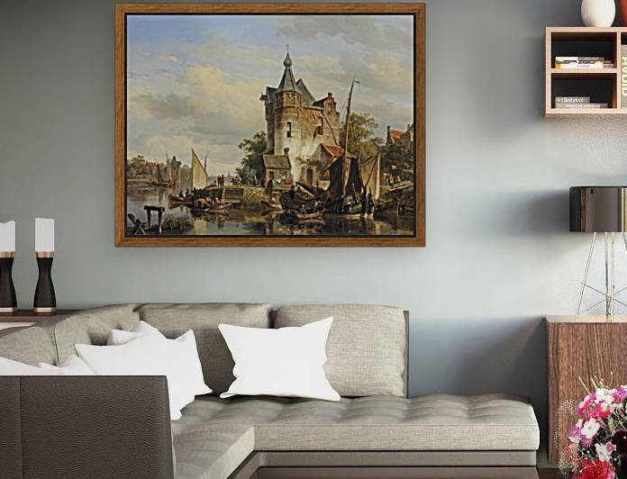 Moored barges at a quay near a keep by Cornelis Springer