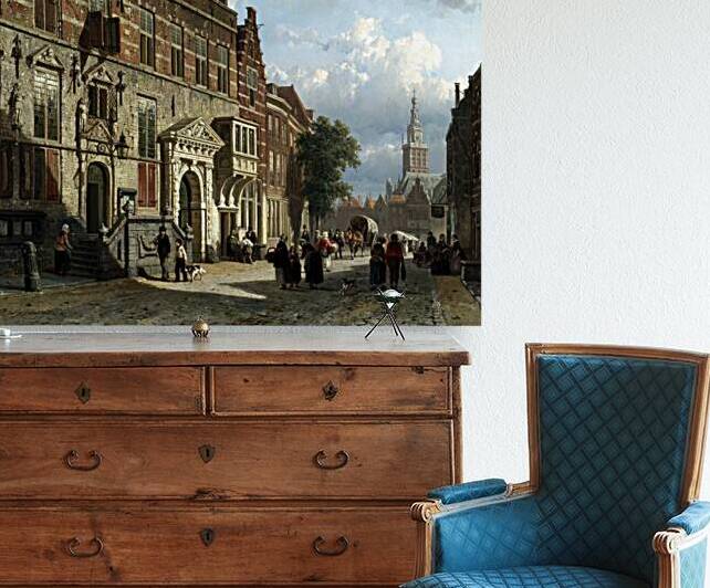 The Town Hall on the Burchtstraat with St Steven's Church by Cornelis Springer