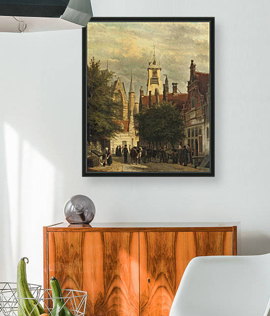 Townspeople and cattle in the Bagijnestraat with the Westerkerk in the background, Enkhuizen by Cornelis Springer