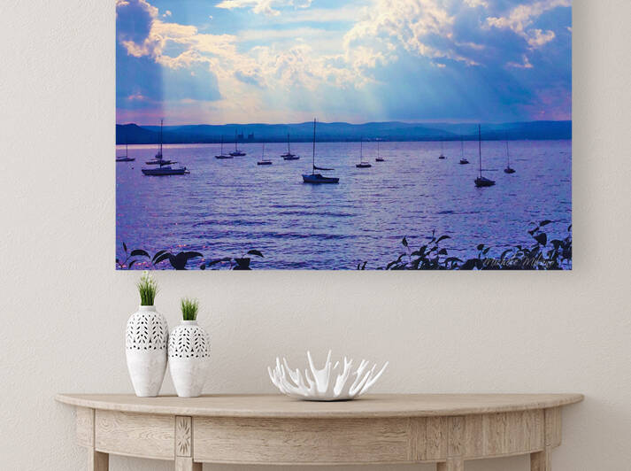 Twilight in Croton-on-Hudson Harbor view with Sailboats by Michele Milano Arts