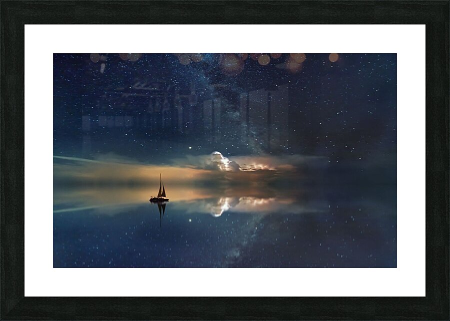 starry sky boat reflection  Picture Frame print