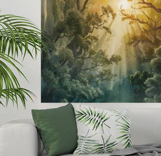 The painting depicts a magical moment of sunrise in a forest full of dense trees with sunlight filtering between the trees creating light and blurry effects that highlight the beauty and tranquility of nature. by Abdelwahab Khalil
