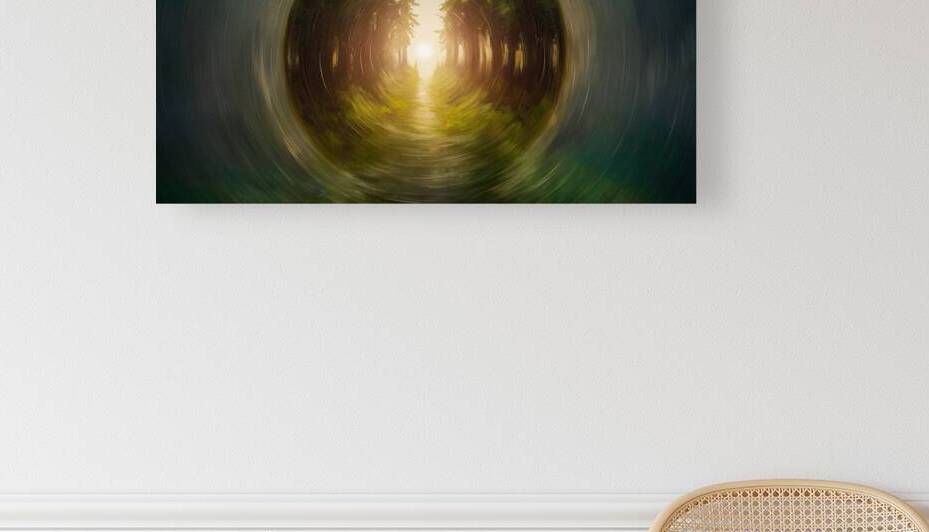 A conceptual painting depicting a sunrise in a magical strategy. The forest is tucked away with access to the sun between two clearings creating multiple options and an attractive blur. It contains clear light and clear colors for the beauty and tranquili by Abdelwahab Khalil