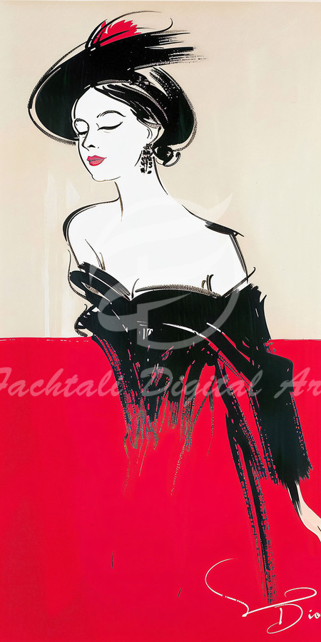 Custom frame Wall Art | Girl in Red & Black Dress Makeup - 60s Fashion |  Rene Gruau style by Fabd Wall Art