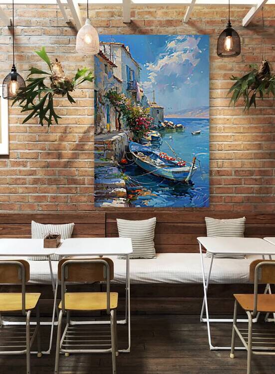 Online art prints | Traditional Mediterranean Boat in Village Port with Blue Plate by Fabd