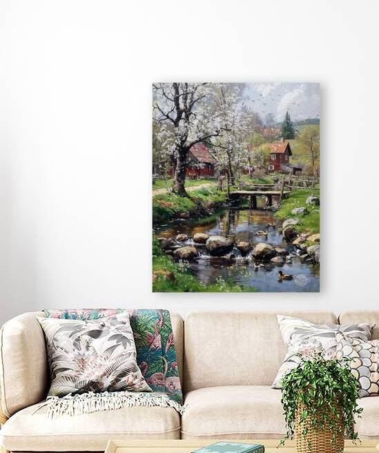Online custom canvas prints | Canvas Board: Springtime Mill Cottage Oil Painting by Fabd