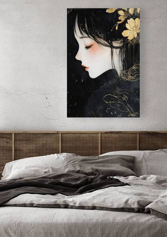 Canvas wall decor | beautiful woman | Black Lacquer Painting with Gold Foil Gilding for Luxury Decor by Fabd