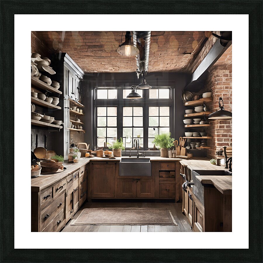 0 Rustic kitchen with exposed brick wall reclaime Picture Frame print