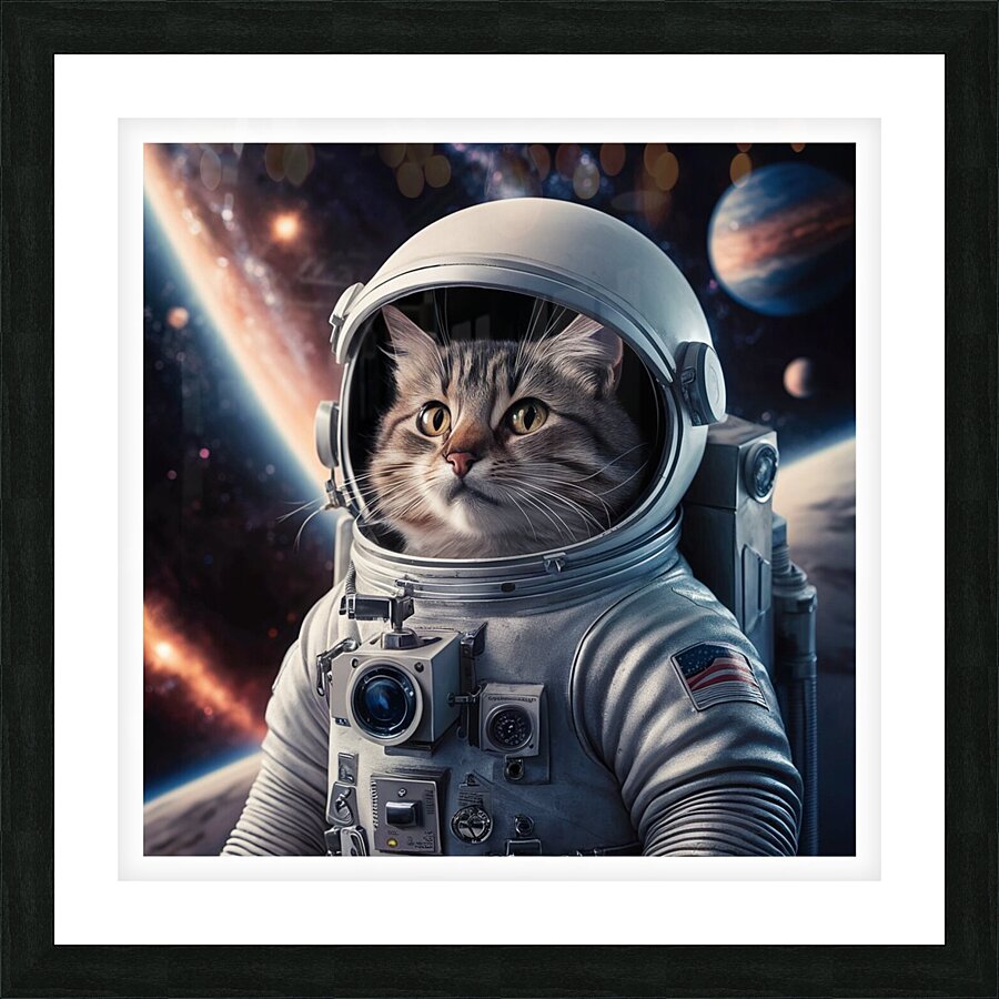 a captivating image of a cat wearing a space suit Picture Frame print