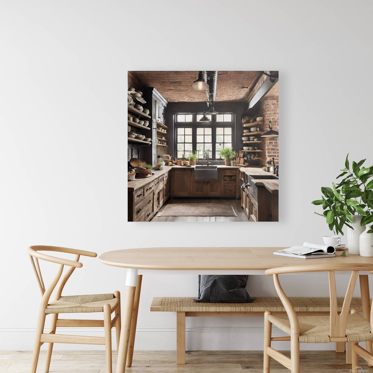 0 Rustic kitchen with exposed brick wall reclaime Reproduction
