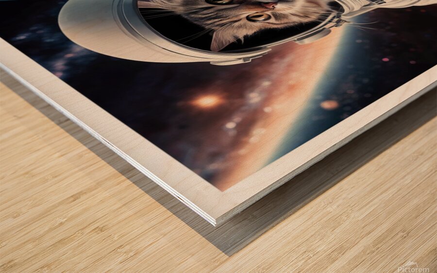 a captivating image of a cat wearing a space suit Wood print