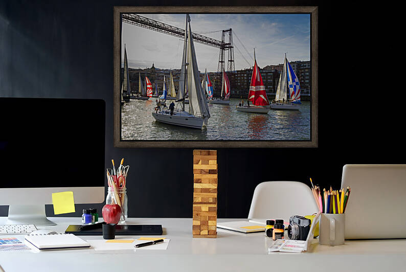 Boats and Vizcaya bridge.  Basque Country Spain. by Mikel Bilbao Photography
