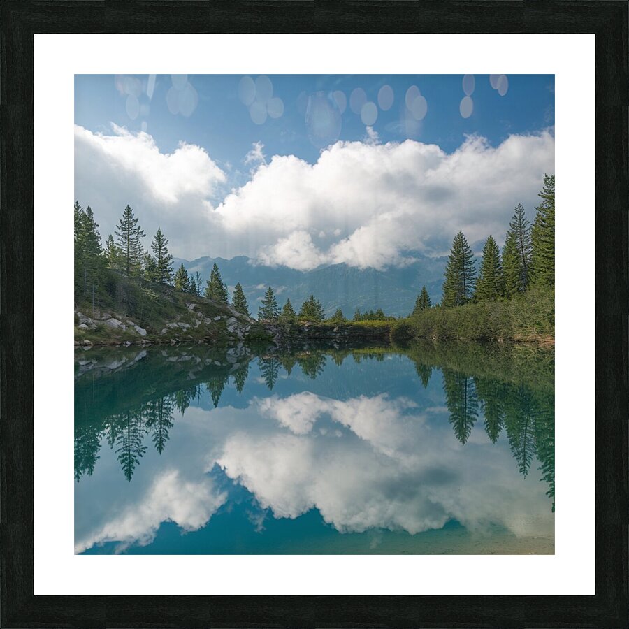 Mountain Lake with Pine Trees and Cloud Reflections Picture Frame print