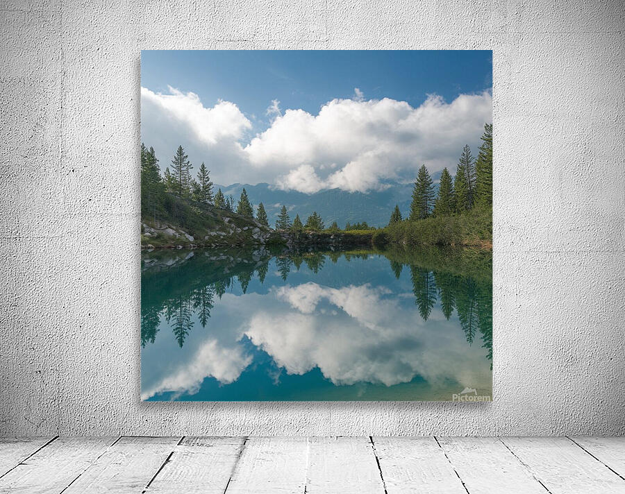 Mountain Lake with Pine Trees and Cloud Reflections Wall Preview