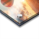 Colorful hot air balloon rises above grassy field with suitcase at sunset Acrylic print