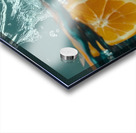 Fresh orange slices drop into clear water sending splashes and bubbles around. The vibrant fruit contrasts beautifully against the transparent liquid creating an enticing visual. Acrylic print