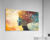 Creative expression of a woman with a floral and colorful head against a vibrant sky background during sunset Acrylic Print