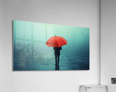 Person under a red umbrella stands alone in heavy rain on a foggy street during a gloomy day Acrylic Print