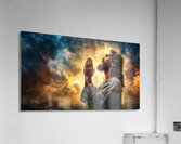 Jesus Christ in prayer with hands clasped in devotion against a dramatic sky backdrop Acrylic Print