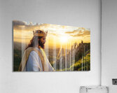 Jesus Christ in regal attire standing on a hill at sunset contemplating nature and spirituality Acrylic Print