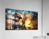 Spiritual reflection at sunset with Jesus Christ in prayer amidst dramatic clouds Acrylic Print