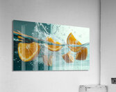 Fresh orange slices drop into clear water sending splashes and bubbles around. The vibrant fruit contrasts beautifully against the transparent liquid creating an enticing visual. Acrylic Print