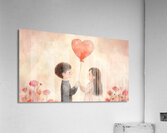 Children holding a heart balloon in a flower filled garden during a warm day Acrylic Print