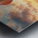 Colorful hot air balloon rises above grassy field with suitcase at sunset Metal print