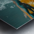 Fresh orange slices drop into clear water sending splashes and bubbles around. The vibrant fruit contrasts beautifully against the transparent liquid creating an enticing visual. Metal print