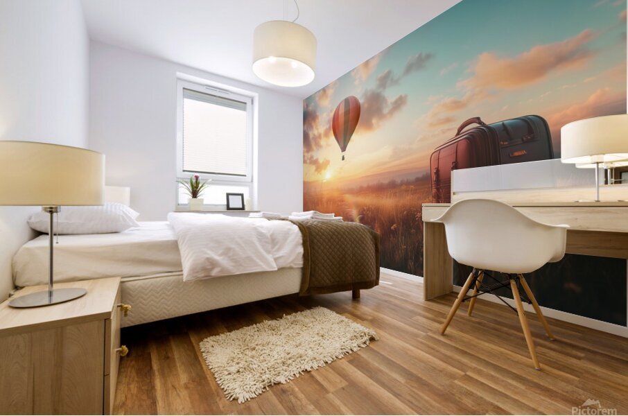 Colorful hot air balloon rises above grassy field with suitcase at sunset Mural print