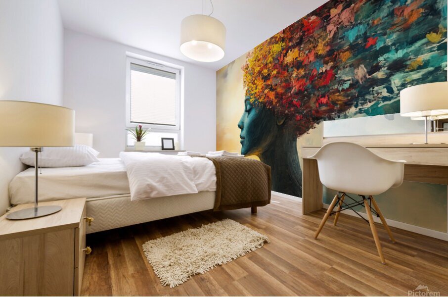 Creative expression of a woman with a floral and colorful head against a vibrant sky background during sunset Mural print