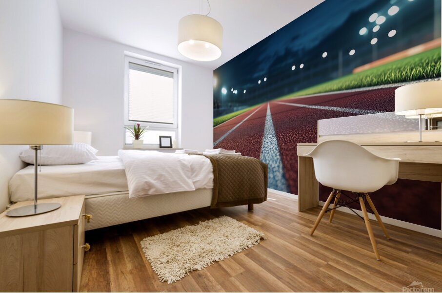 View of a well lit athletic track at night showcasing vibrant red surface and brightly illuminated surroundings Mural print