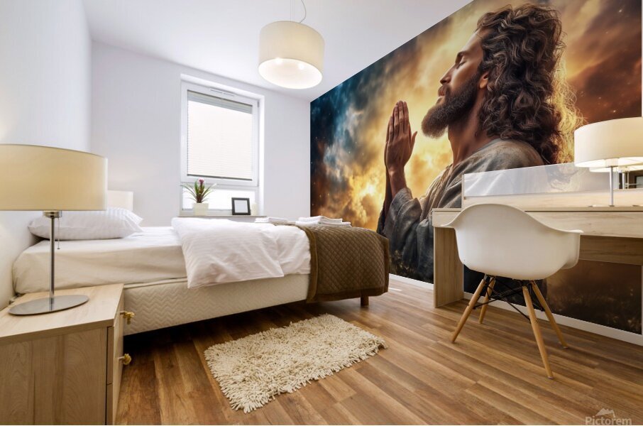 Jesus Christ in prayer with hands clasped in devotion against a dramatic sky backdrop Mural print