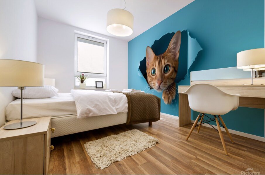 Curious Cat Peeking Through Blue Wall Hole Mural print