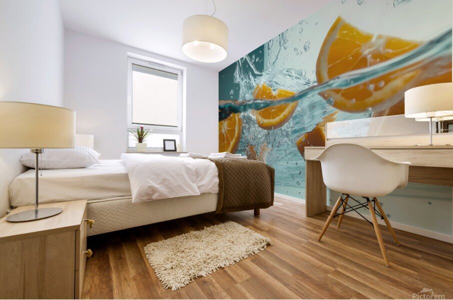 Fresh orange slices drop into clear water sending splashes and bubbles around. The vibrant fruit contrasts beautifully against the transparent liquid creating an enticing visual. Mural print