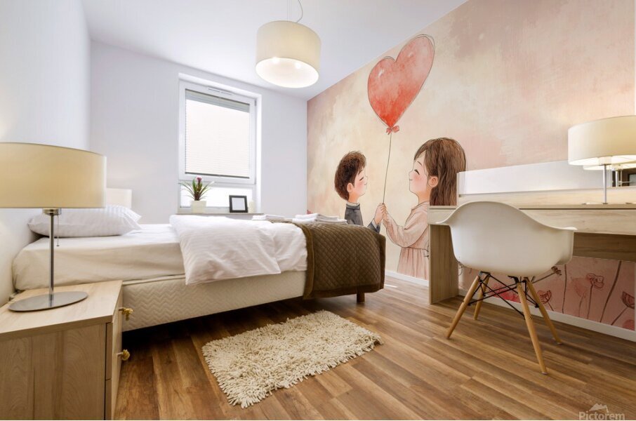 Children holding a heart balloon in a flower filled garden during a warm day Mural print