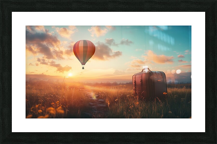 Colorful hot air balloon rises above grassy field with suitcase at sunset Picture Frame print