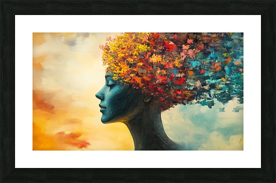Creative expression of a woman with a floral and colorful head against a vibrant sky background during sunset Picture Frame print