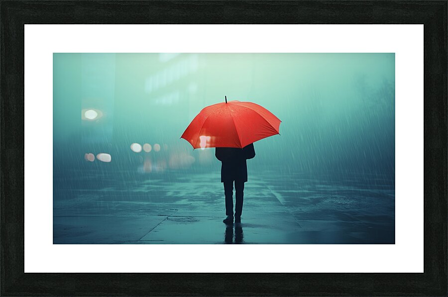 Person under a red umbrella stands alone in heavy rain on a foggy street during a gloomy day Picture Frame print