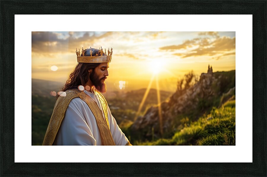 Jesus Christ in regal attire standing on a hill at sunset contemplating nature and spirituality Picture Frame print