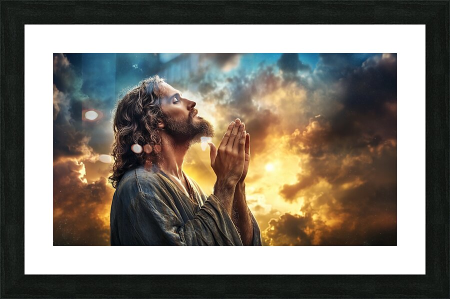 Spiritual reflection at sunset with Jesus Christ in prayer amidst dramatic clouds Picture Frame print